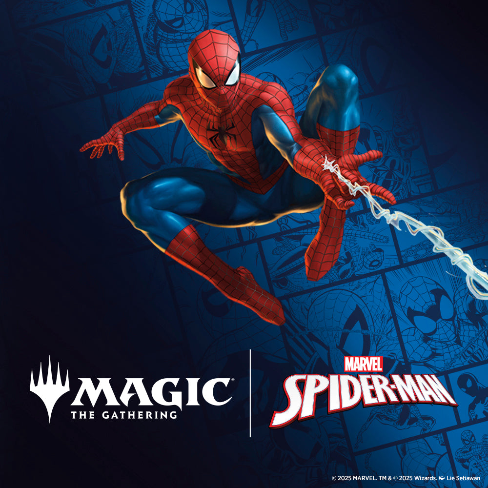 Spider-Man in action with Magic: The Gathering and Marvel logos on a blue background